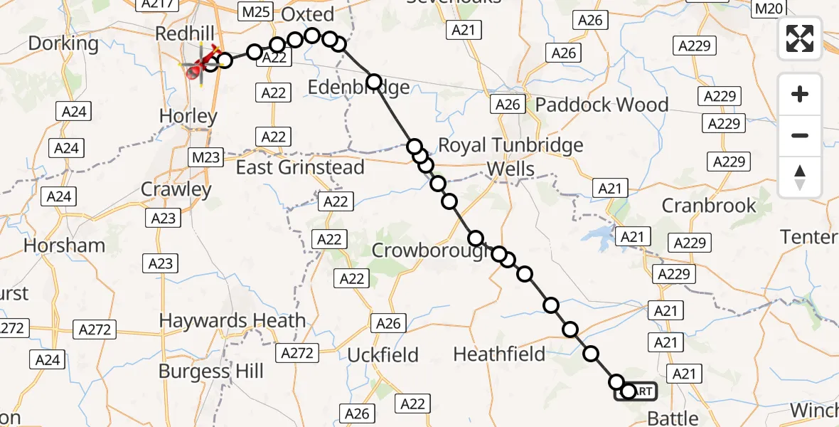 Flight route Air Ambulance Helicopter Netherfield - Redhill Aerodrome, 04 June 2026, 05:30