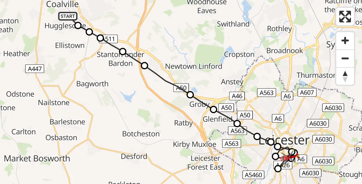 Flight route Air Ambulance Helicopter Coalville - Bede Island, 04 June 2026, 06:07