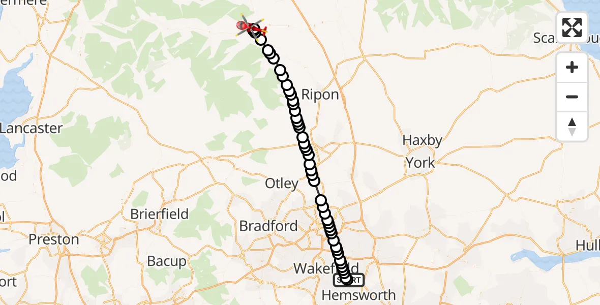 Flight route Air Ambulance Helicopter YAA Nostell Helicopter Port - Leyburn, 04 June 2026, 06:36