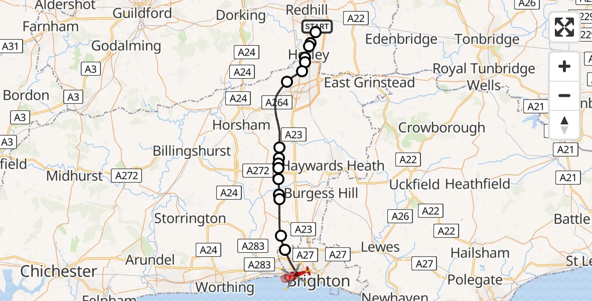 Flight route Air Ambulance Helicopter Redhill Aerodrome - Portslade by Sea, 04 June 2026, 07:10