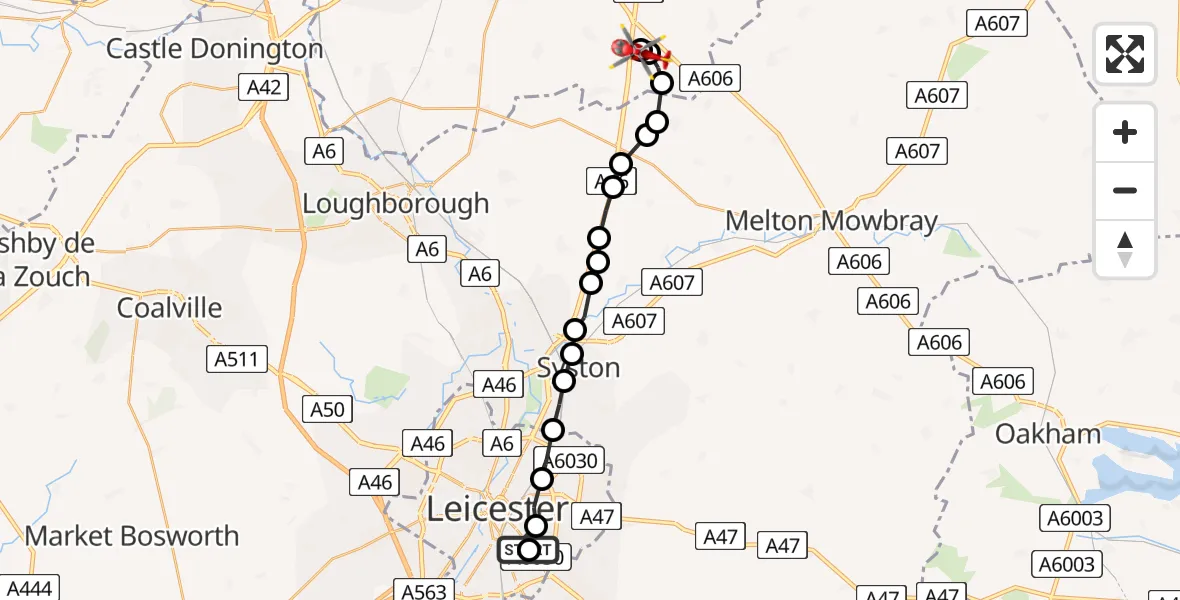 Flight route Air Ambulance Helicopter Clarendon Park - Nottingham Heliport, 04 June 2026, 07:24