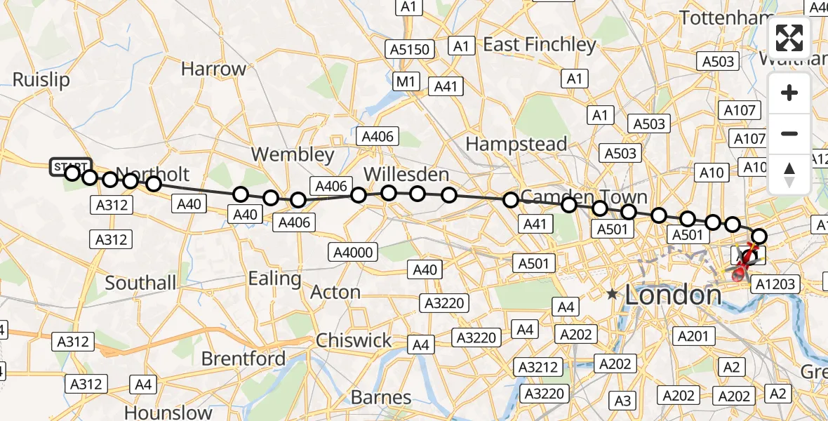 Flight route Air Ambulance Helicopter RAF Northolt - Royal London Hospital, 04 June 2026, 07:25