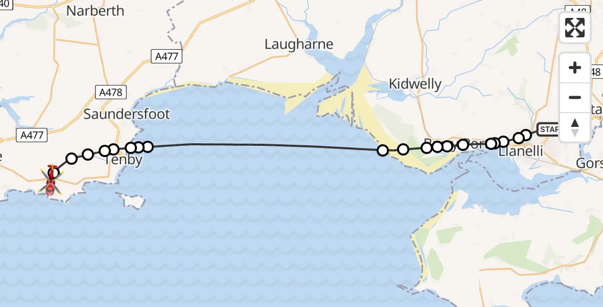 Flight route Air Ambulance Helicopter Dafen - Jameston, 04 June 2026, 07:26