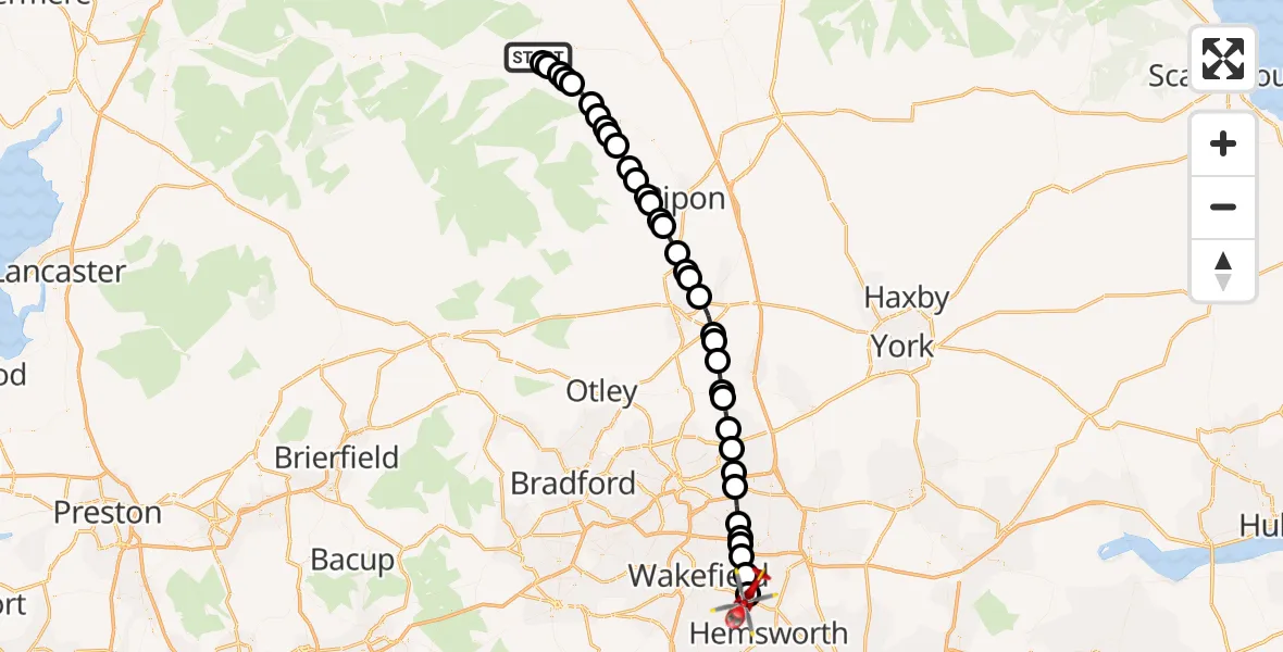 Flight route Air Ambulance Helicopter Leyburn - YAA Nostell Helicopter Port, 04 June 2026, 07:34