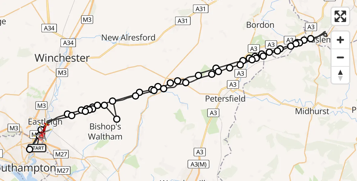 Flight route Air Ambulance Helicopter Bitterne Park - Southampton Airport, 04 June 2026, 07:36