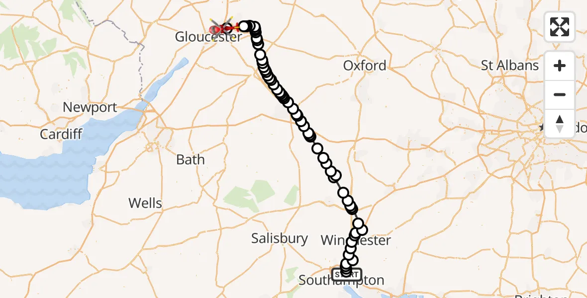 Flight route Air Ambulance Helicopter Bitterne Park - Tewkesbury, 04 June 2026, 08:00
