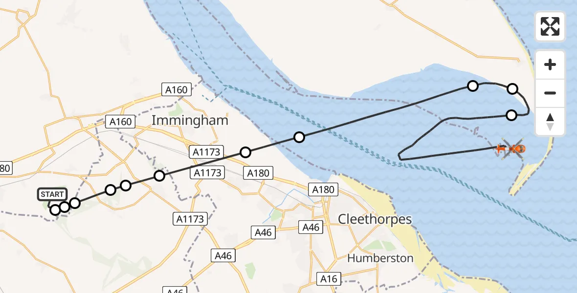 Flight route Coastguard Helicopter Humberside Airport - North Sea, 04 June 2026, 08:07