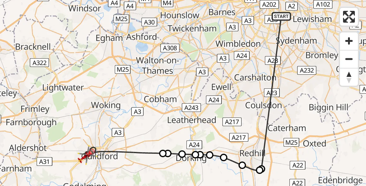 Flight route Air Ambulance Helicopter Kings College London Hospital - Guildford, 04 June 2026, 09:02