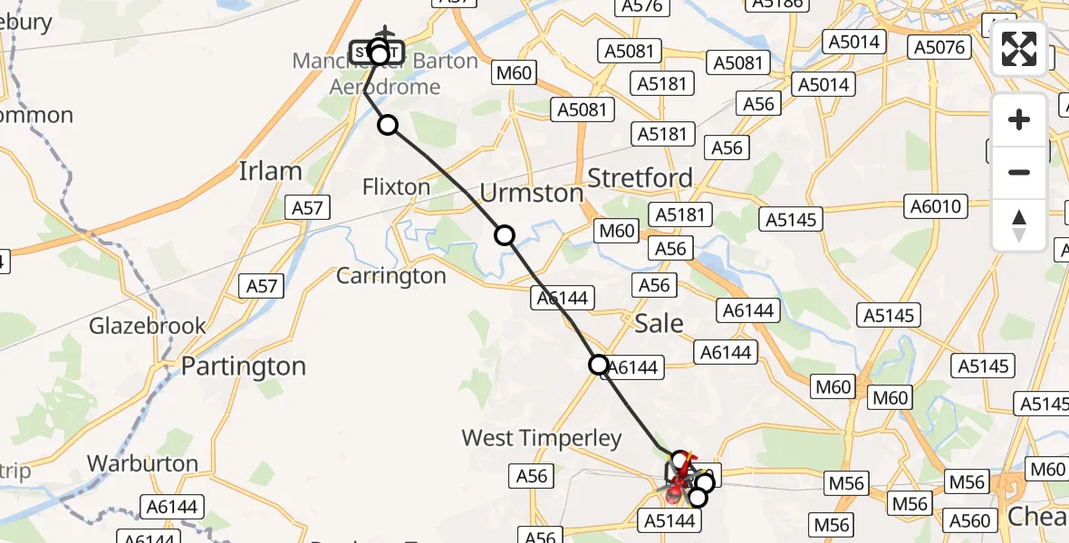 Flight route Air Ambulance Helicopter Manchester Barton Aerodrome - Altrincham, 04 June 2026, 09:07