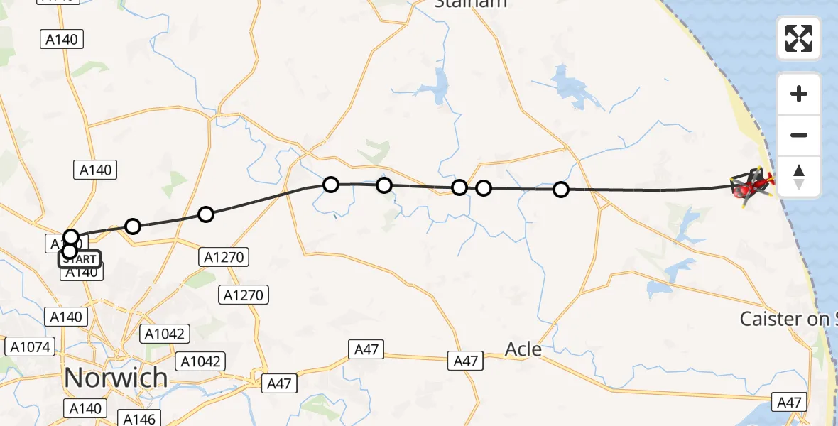 Flight route Air Ambulance Helicopter Norwich Airport - Great Yarmouth, 04 June 2026, 09:10