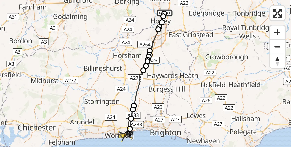 Flight route Police Helicopter Reigate and Banstead - Lancing, 04 June 2026, 09:14