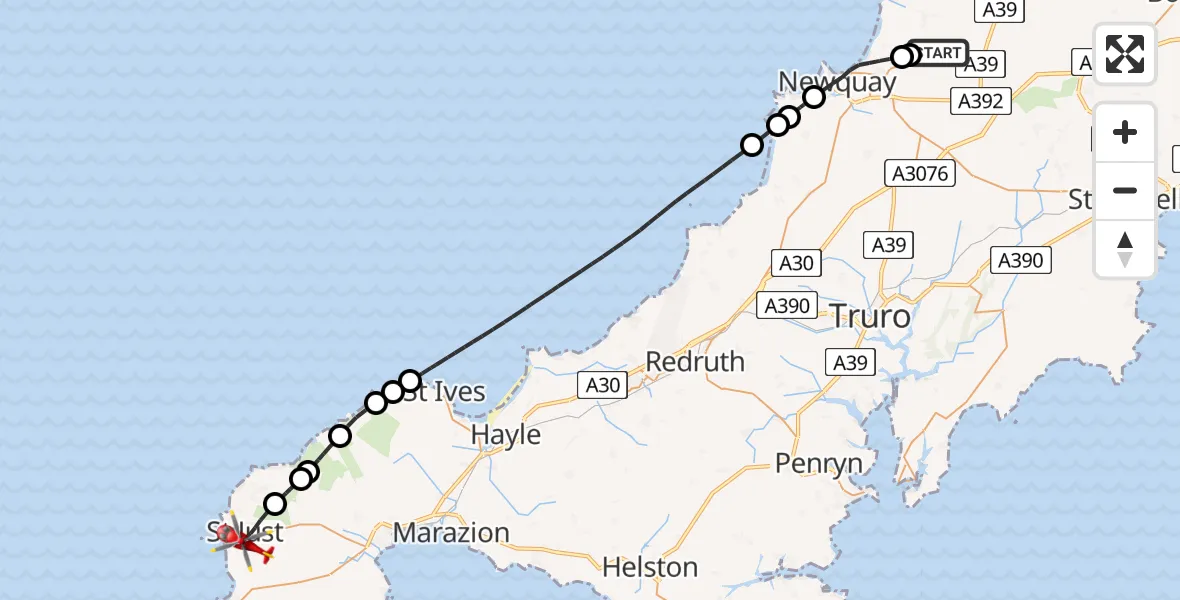 Flight route Air Ambulance Helicopter Cornwall Airport Newquay - St Just, 04 June 2026, 09:33
