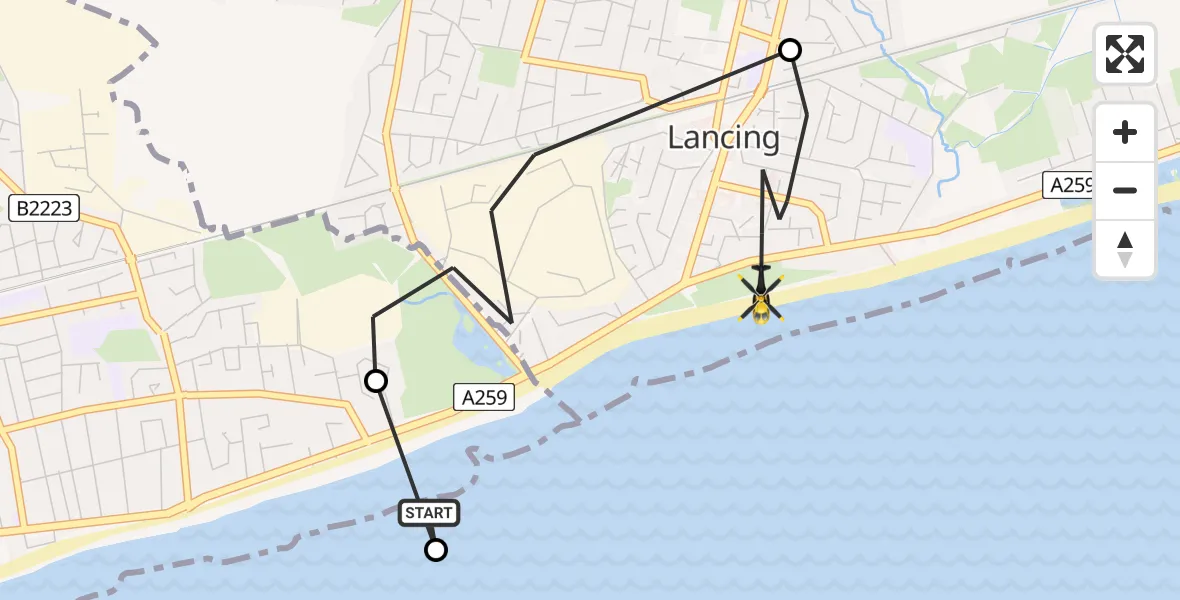 Flight route Police Helicopter Worthing - Lancing, 04 June 2026, 09:33