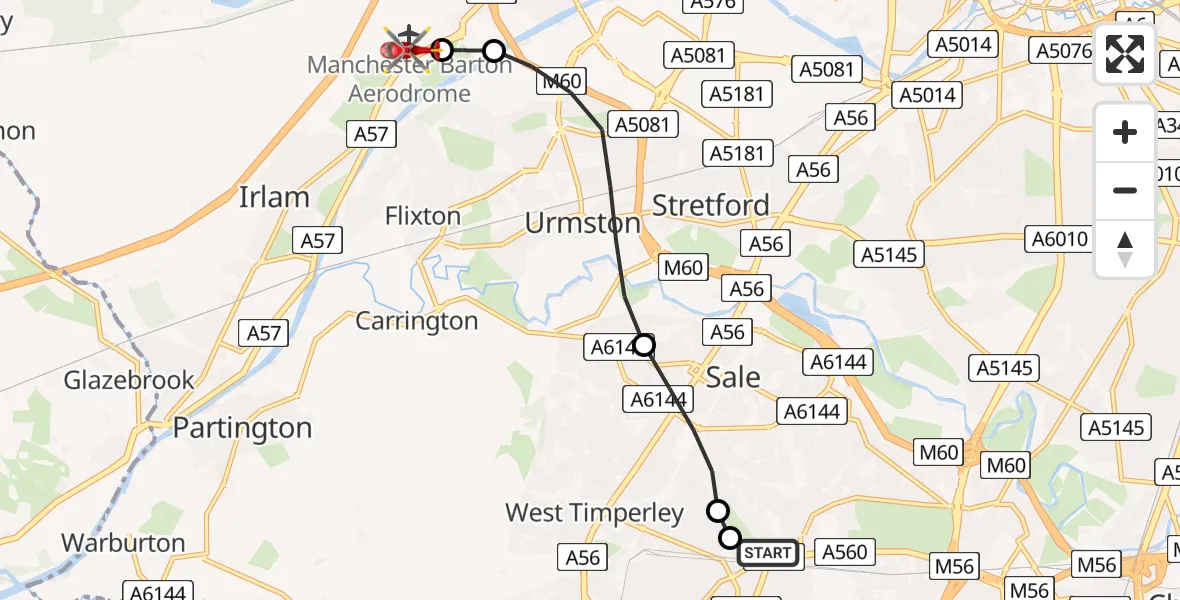 Flight route Air Ambulance Helicopter Baguley - Manchester Barton Aerodrome, 04 June 2026, 09:44