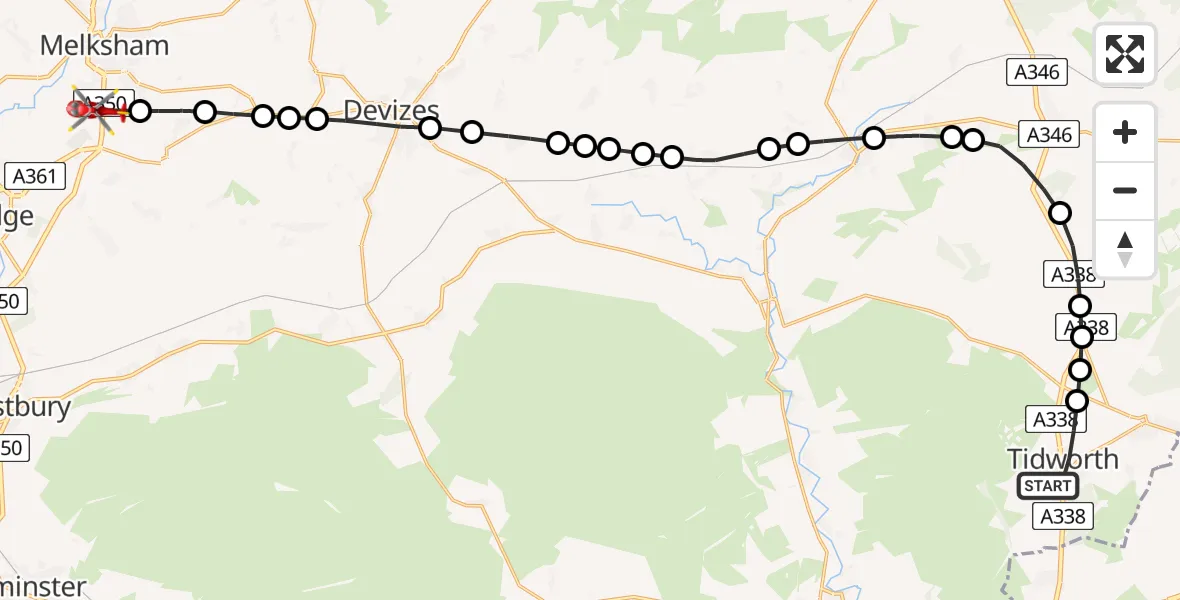 Flight route Air Ambulance Helicopter Tidworth - Melksham, 04 June 2026, 09:45