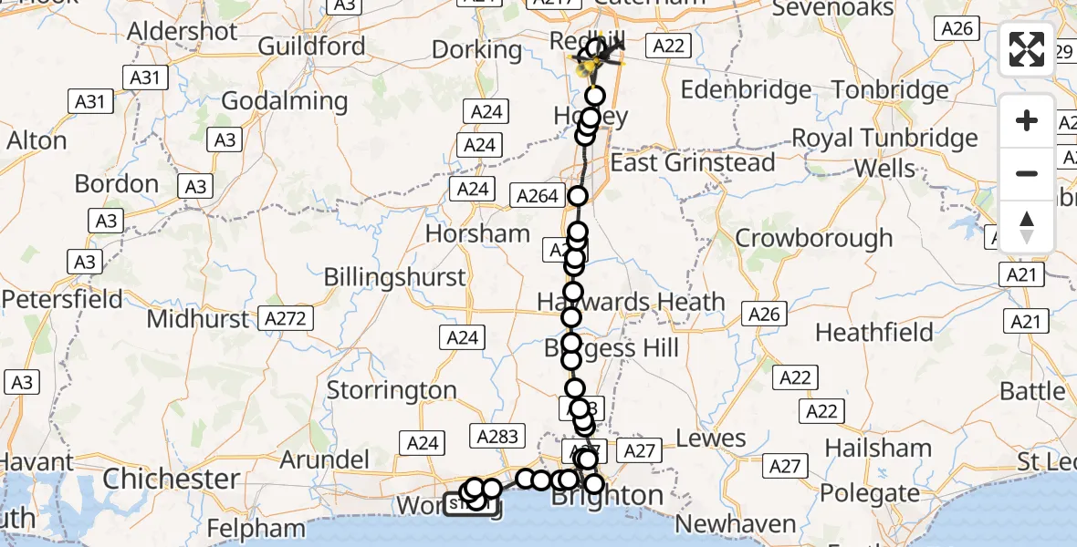 Flight route Police Helicopter Worthing - South Nutfield, 04 June 2026, 09:55