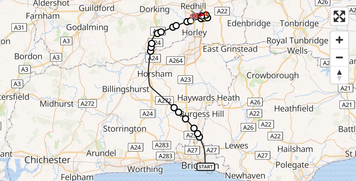 Flight route Air Ambulance Helicopter Brighton - Redhill Aerodrome, 04 June 2026, 09:56