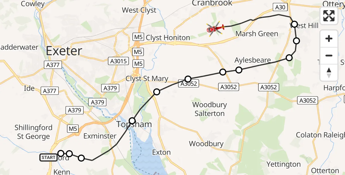 Flight route Air Ambulance Helicopter Kennford - Rockbeare, 04 June 2026, 10:01