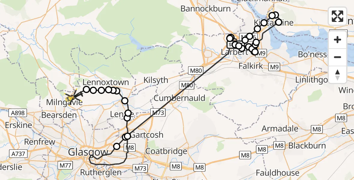 Flight route Police Helicopter Larbert - Milngavie, 04 June 2026, 10:04