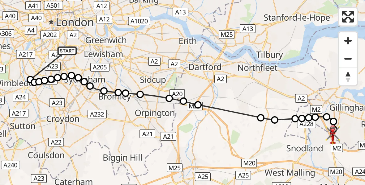 Flight route Air Ambulance Helicopter Kings College London Hospital - Rochester Airport, 04 June 2026, 10:29