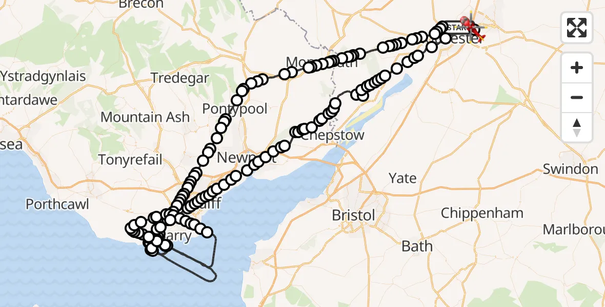 Flight route Air Ambulance Helicopter Tewkesbury - Tewkesbury, 04 June 2026, 10:42