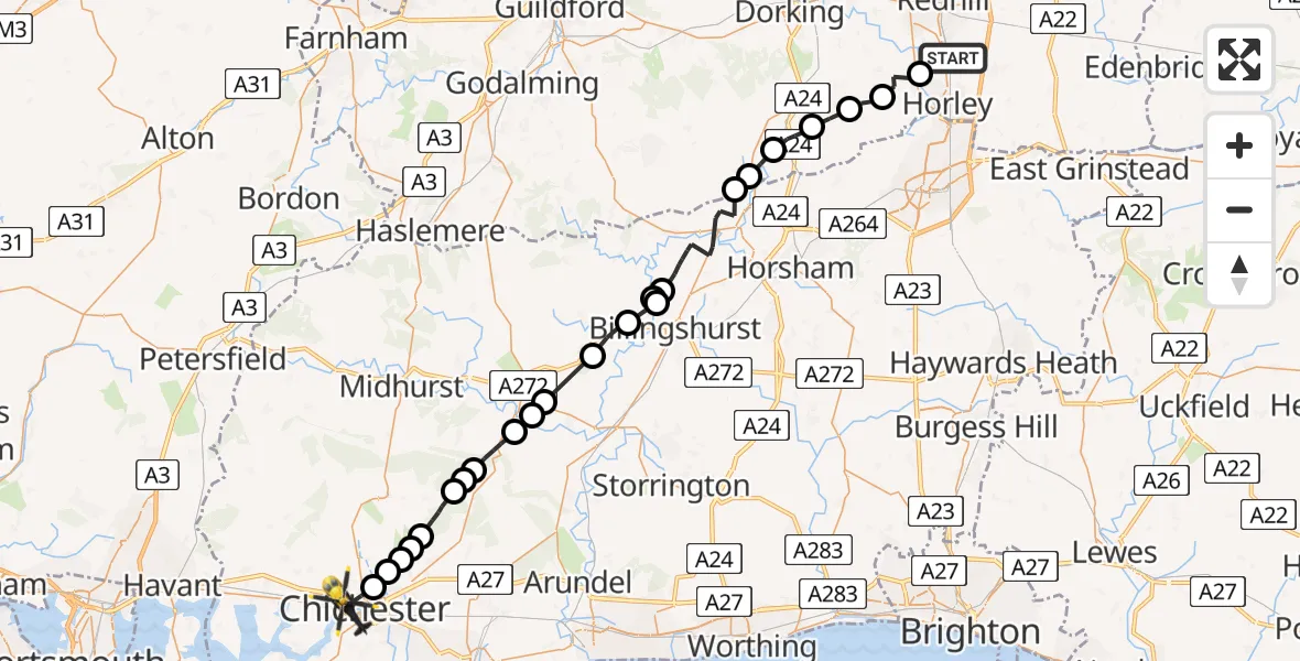 Flight route Police Helicopter Salfords - Fishbourne, 04 June 2026, 10:45