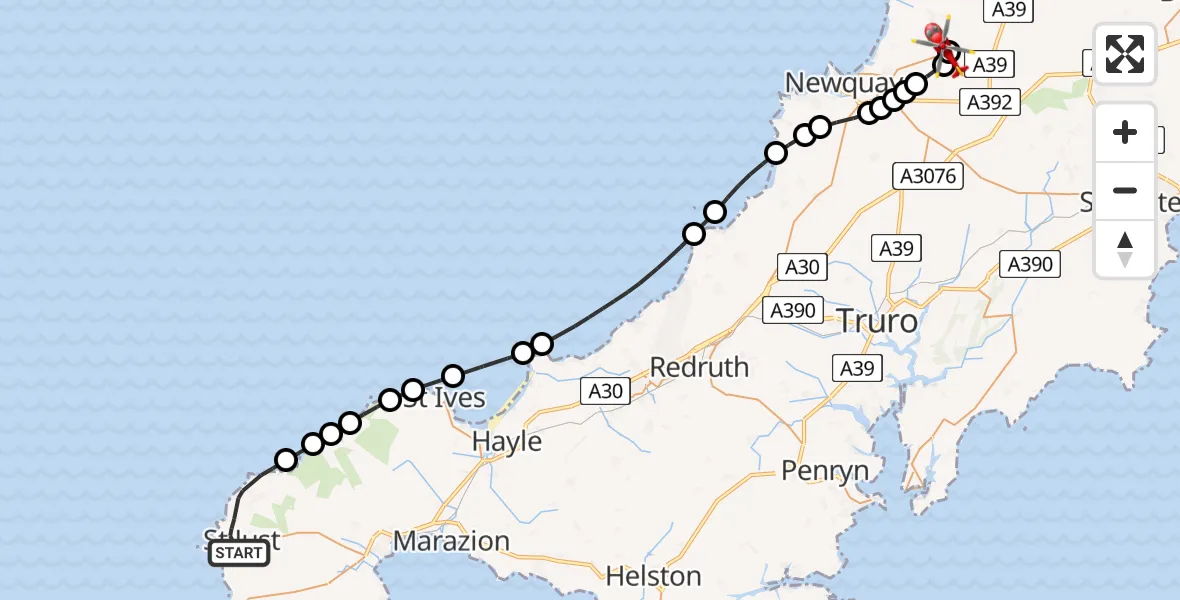 Flight route Air Ambulance Helicopter St Just - Cornwall Airport Newquay, 04 June 2026, 10:46