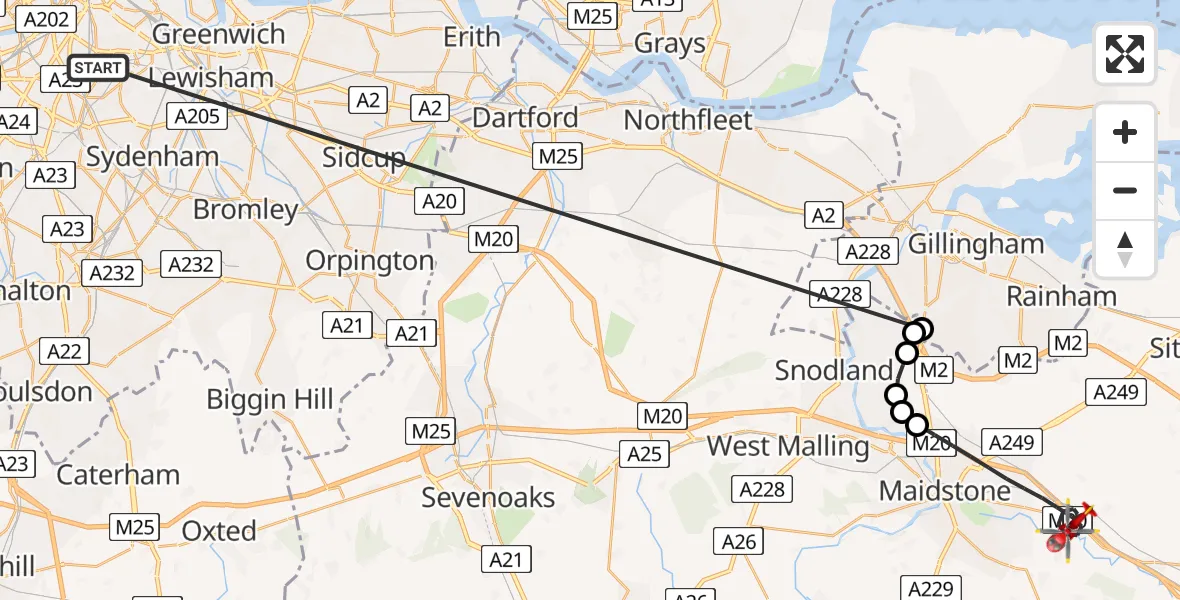 Flight route Air Ambulance Helicopter Kings College London Hospital - Maidstone, 04 June 2026, 11:01