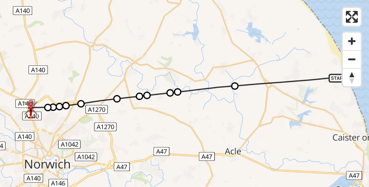 Flight route Air Ambulance Helicopter Great Yarmouth - Norwich Airport, 04 June 2026, 11:04