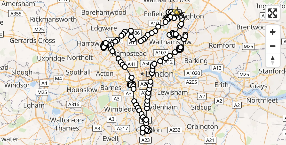 Flight route Police Helicopter Sewardstonebury - Sewardstonebury, 04 June 2026, 11:07