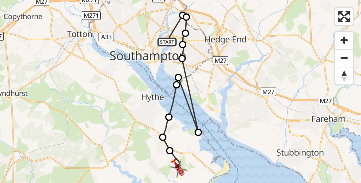 Flight route Air Ambulance Helicopter Bitterne Manor - Blackfield, 04 June 2026, 11:46