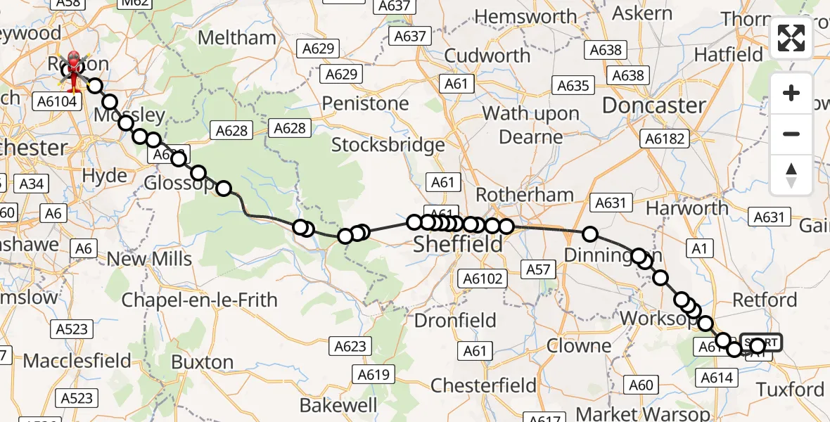 Flight route Air Ambulance Helicopter Retford Gamston Airport - Royton, 04 June 2026, 12:10
