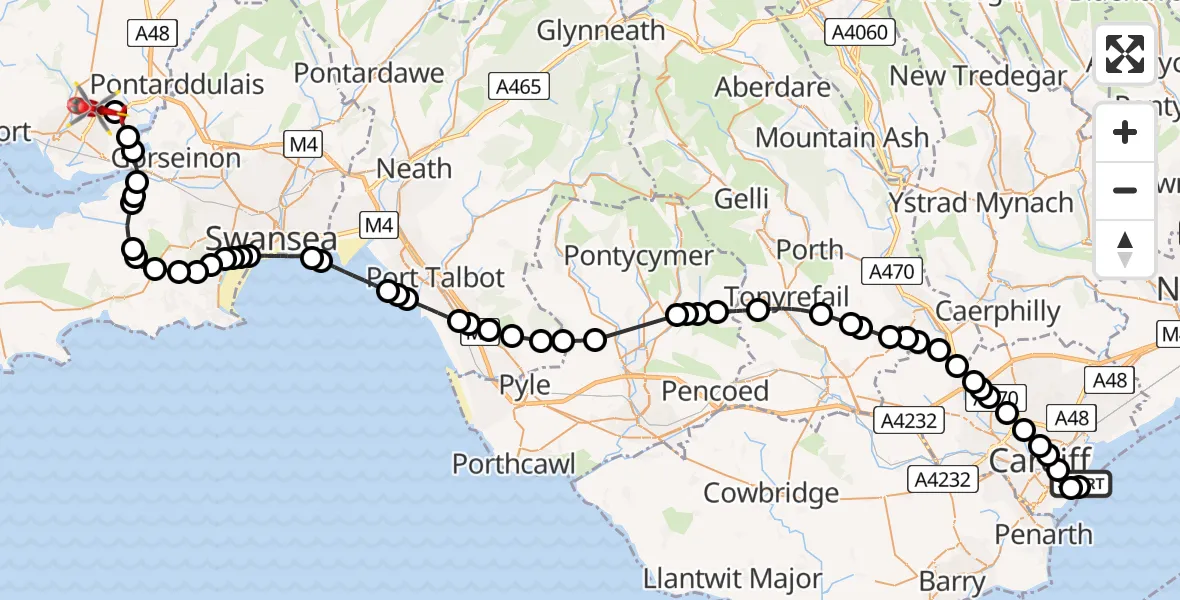 Flight route Air Ambulance Helicopter Cardiff Heliport - Dafen, 04 June 2026, 12:12