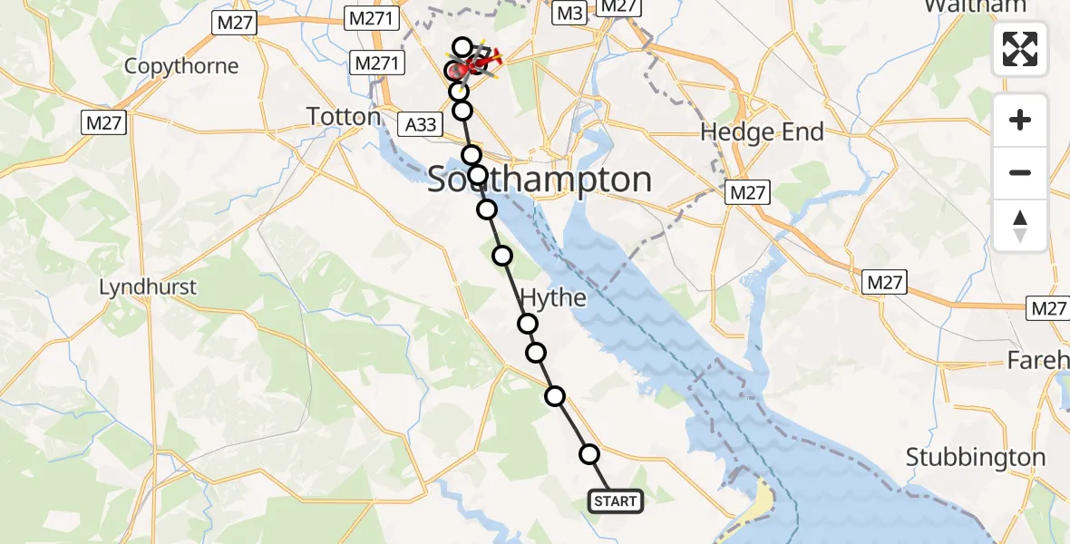 Flight route Air Ambulance Helicopter Blackfield - University Hospital Southampton, 04 June 2026, 12:43