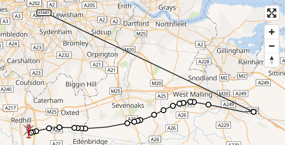Flight route Air Ambulance Helicopter Kings College London Hospital - Redhill Aerodrome, 04 June 2026, 12:54