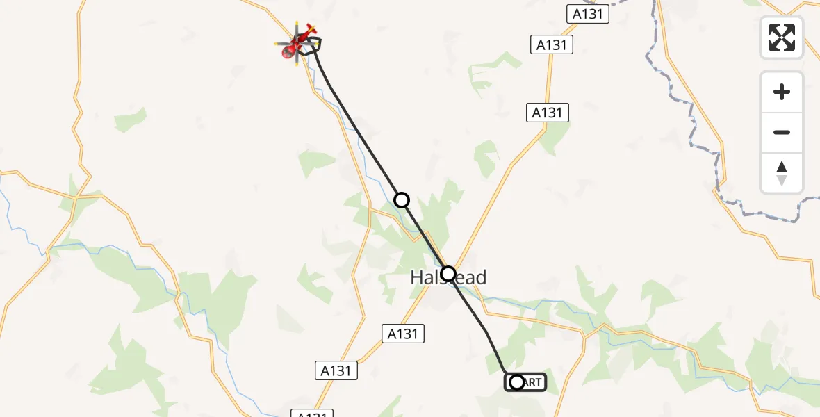 Flight route Air Ambulance Helicopter Earls Colne Airfield - Braintree, 04 June 2026, 12:57