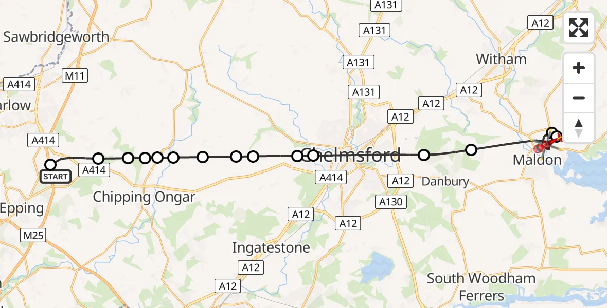 Flight route Air Ambulance Helicopter North Weald Airfield - Maldon, 04 June 2026, 13:11