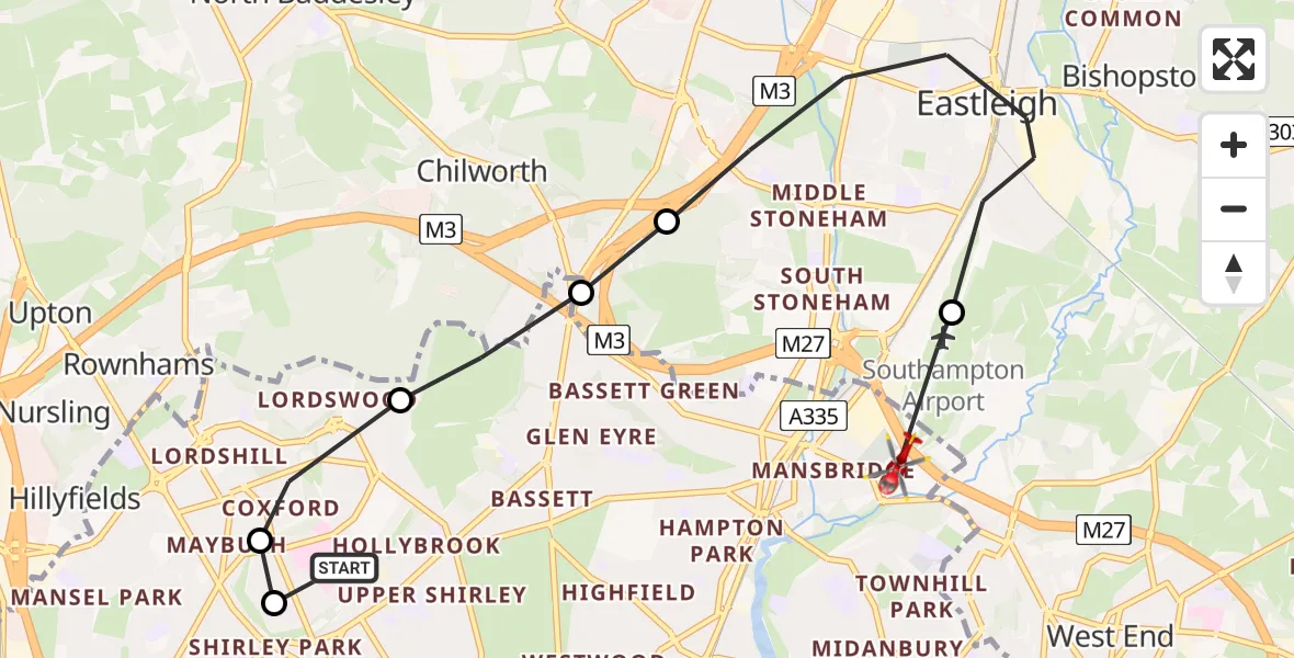 Flight route Air Ambulance Helicopter University Hospital Southampton - Mansbridge, 04 June 2026, 13:46