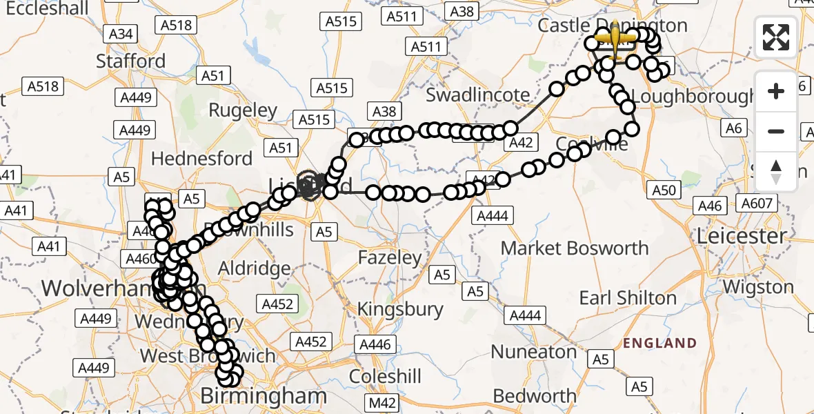 Flight route Police Aircraft East Midlands Airport - East Midlands Airport, 04 June 2026, 13:48