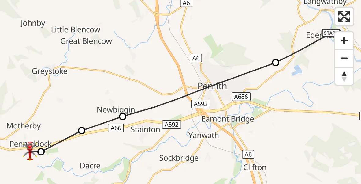 Flight route Air Ambulance Helicopter Edenhall - Penruddock, 04 June 2026, 13:49