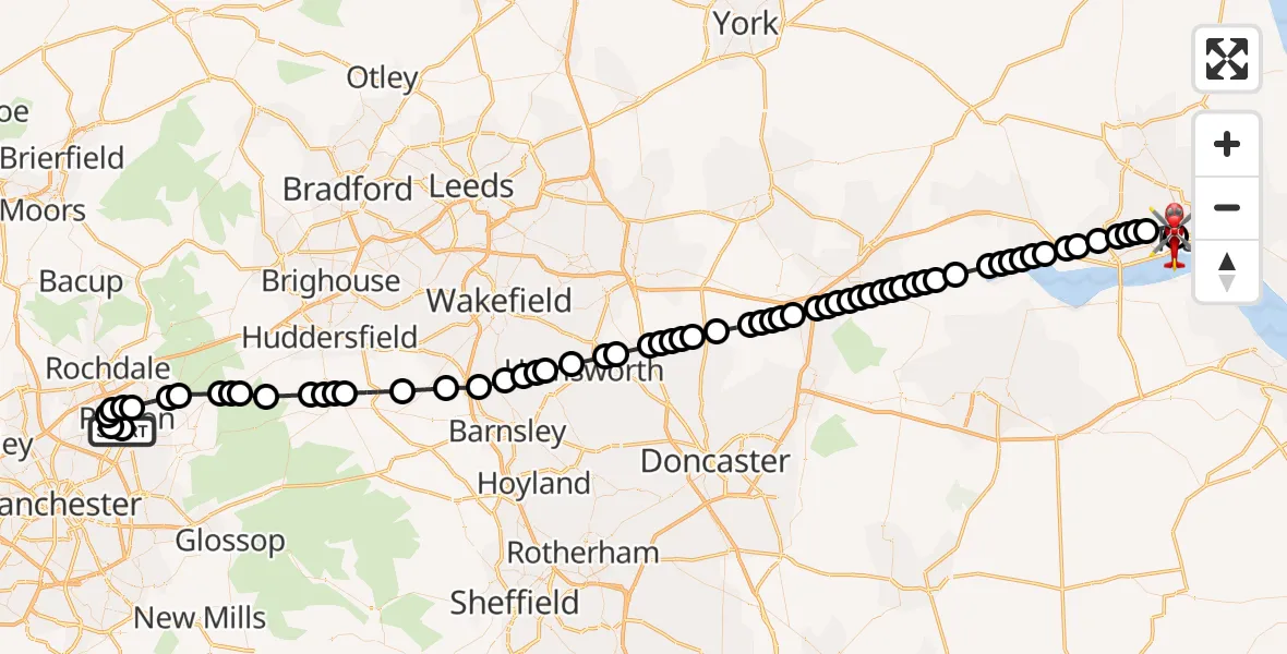 Flight route Air Ambulance Helicopter Royton - Hull Royal Infirmary, 04 June 2026, 13:51
