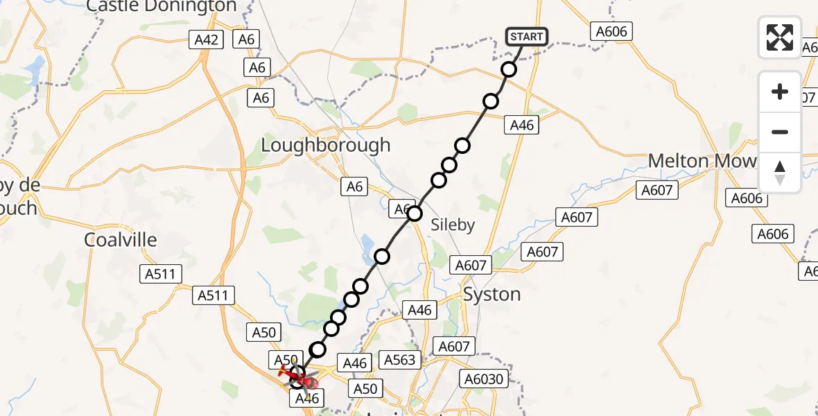 Flight route Air Ambulance Helicopter Willoughby on the Wolds - Ratby, 04 June 2026, 13:55