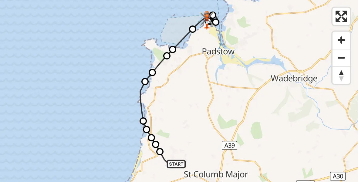 Flight route Coastguard Helicopter Cornwall Airport Newquay - Padstow, 04 June 2026, 13:56