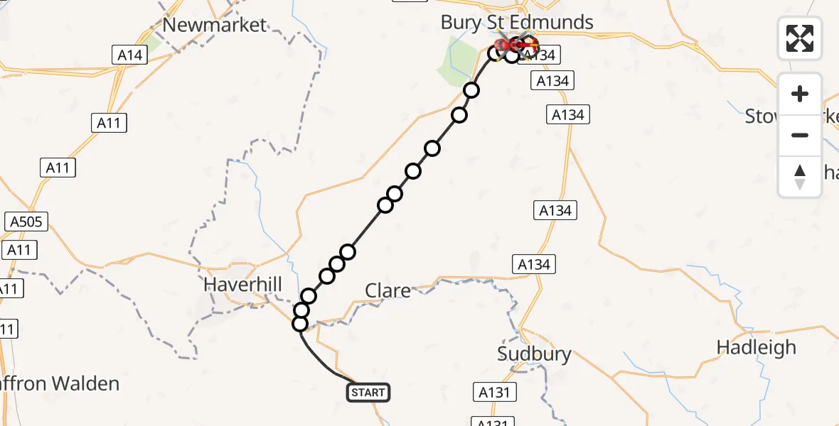 Flight route Air Ambulance Helicopter Braintree - West Suffolk Hospital, 04 June 2026, 13:58
