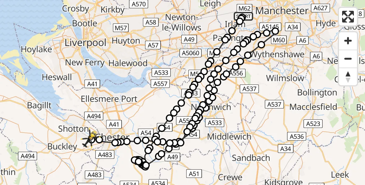 Flight route Police Helicopter Manchester Barton Aerodrome - Hawarden Airport, 04 June 2026, 14:02