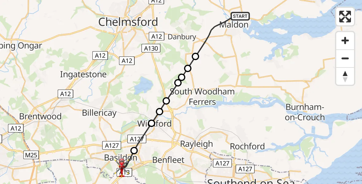 Flight route Air Ambulance Helicopter Maldon - Basildon, 04 June 2026, 14:03