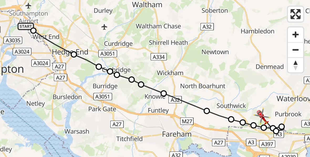 Flight route Air Ambulance Helicopter Townhill Park - Winchester, 04 June 2026, 14:06