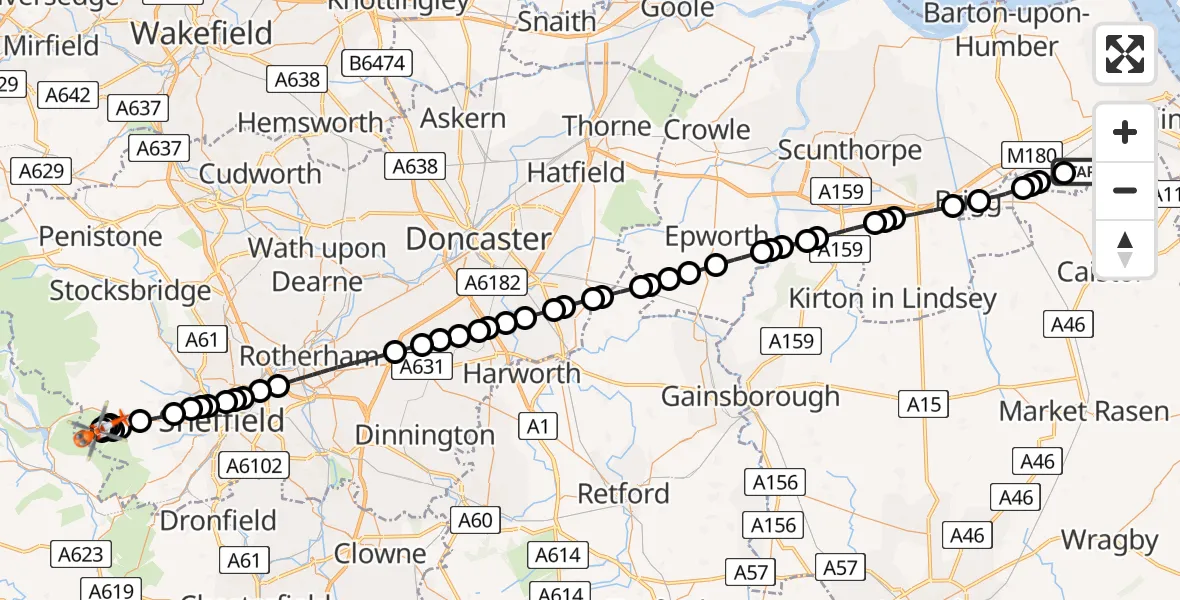 Flight route Coastguard Helicopter Humberside Airport - Bradfield, 04 June 2026, 14:25