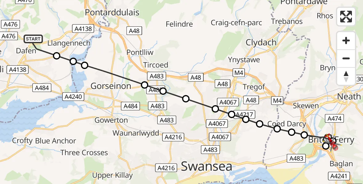 Flight route Air Ambulance Helicopter Dafen - Briton Ferry, 04 June 2026, 14:27