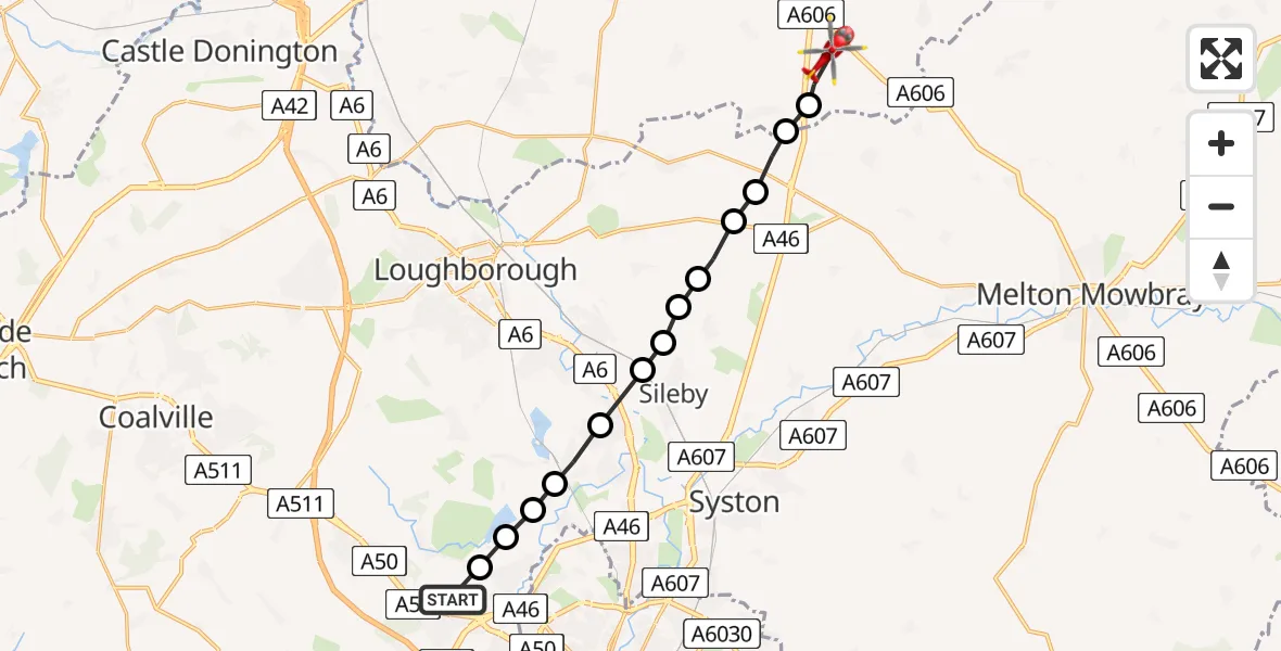 Flight route Air Ambulance Helicopter Groby - Hickling, 04 June 2026, 14:28